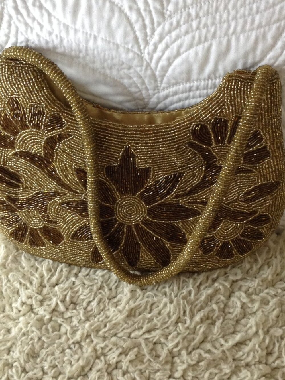 VTG 60-70's Gold Copper Glass Beaded Evening Bag Art Nouveau Floral Pattern Chic